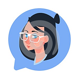 Profile Icon Female Head In Chat Bubble Isolated, Caucasian Woman Wearing Glasses Avatar Cartoon Character Portrait