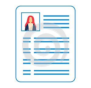 Profile icon female with red hair on blue document. Resume or CV representation with photo and text lines. Simplified