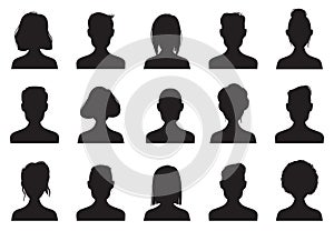 Profile icons silhouettes. Anonymous people face silhouette, woman and man head avatar icon. Chat male or female images photo