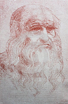 Profile of Leonardo da Vinci in a vintage book Leonard de Vinci, author A. Rosenberg, 1898, Leipzig