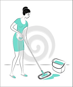 Profile of a lovely lady. The girl washes the floor in the room with a mop. A woman is a good wife, a neat housewife and a maid.