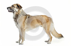 The profile of a majestic Anatolian Shepherd Dog showcases its alertness and strong features against a white backdrop