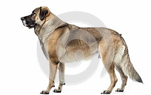 The profile of a majestic Anatolian Shepherd Dog showcases its alertness and strong features against a white backdrop