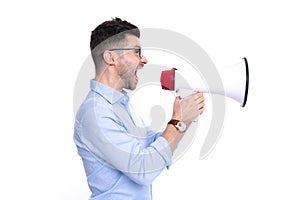 profile of man announcer with megaphone in studio. shouting man announcer with megaphone.