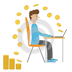 Profile man with laptop. Computer work. Sitting boy Chair table. Flying coin. Earning money. Office worker. Cute cartoon character