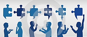 Profile people gesturing with puzzle pieces. Business solution. Concept problem solving team. Strategy and success. Client service