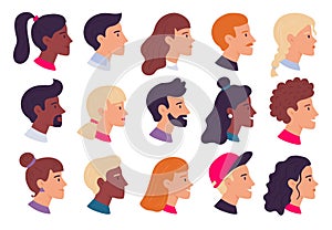 Profile people portraits. Male and female face profiles avatars, side portrait and heads flat vector illustration set