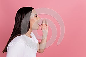 Profile photo of announcer positive lady share gossip news wear white t-shirt  on pink background