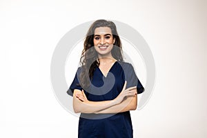 Profile photo of attractive family doc lady patients consultation friendly smiling reliable virology clinic arms crossed wear
