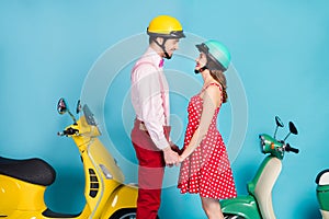 Profile photo of funny lady guy couple hold hands stand near retro moped travelers easy way good mood make stop look