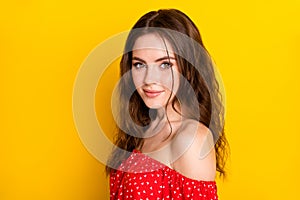 Profile photo of gorgeous wavy hairdo young girl smile look camera isolated on bright yellow color background