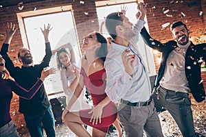 Profile photo of group friends dance floor spending x-mas party together couple dancing back-to-back excited favorite