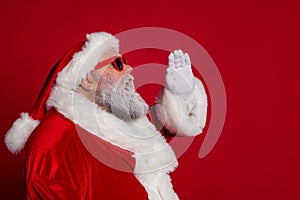 Profile photo of overweight santa look empty space wear hat eyewear coat isolated on red background