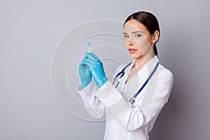 Profile photo of professional doc nurse hold prepare syringe patients injection vaccination covid antidote wear latex