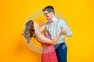 Profile photo two people attractive lady handsome guy prom party couple hugging slow dancing moving wear red dotted