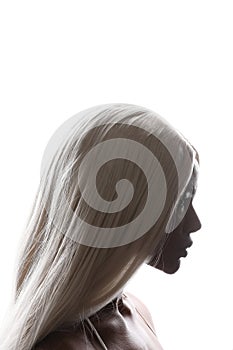 Profile portrait of African American young woman with long blond hair. Mock-up.