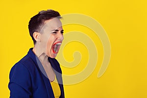 Profile portrait angry upset woman screaming crying wide open mouth hysterical face grimace isolated yellow wall background.