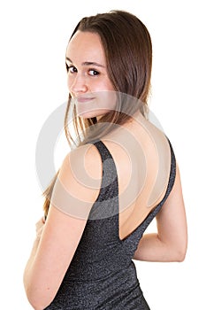 Profile portrait of beautiful young woman with long hair isolated on white background