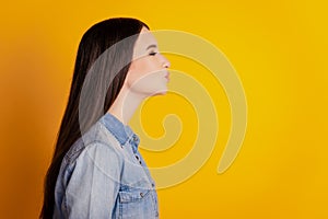 Profile portrait of a charming cute woman sending air kiss on yellow background