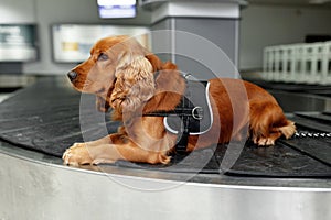 Profile portrait a cocker spaniel dog at the airoport sitting and waiting on baggage rolling band on inside the airoport