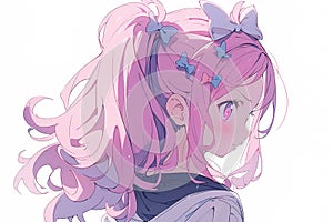 profile portrait of a cute pensive schoolgirl with a pink ponytail hairstyle in anime style on white background