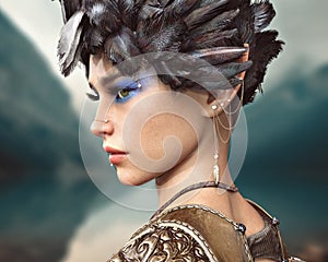 Profile portrait of a fantasy female elf wearing decorative jewelry with piercings and a feathered headdress .