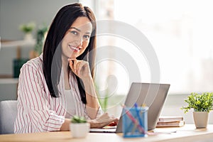 Profile portrait of gorgeous cheerful person sit chair use laptop coworking networking sunlight window office indoors