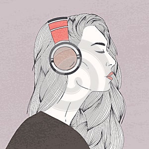 Profile portrait of gorgeous long-haired young woman with closed eyes wearing headphones. Beautiful girl or lady