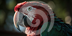 Profile portrait of green-winged macaw parrot. Generative AI