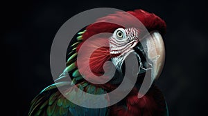 Profile portrait of green-winged macaw parrot. Generative AI