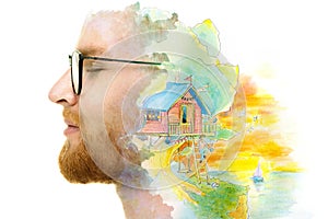 A profile portrait of a man combined with a painting in a double exposure technique.