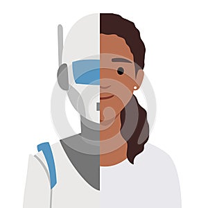 Profile portrait picture face of half robot half human. Woman cyborg