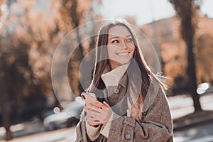 Profile portrait of pretty cheerful lady use telephone wear stylish comfortable outfit coat free time enjoy cool weather