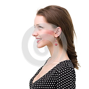 Profile portrait of young smiling woman, isolated on white