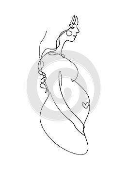 Profile of a pregnant woman and the heart of a baby, drawing with one continuous line. Minimalist sketch of pregnancy