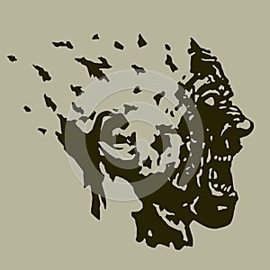 Profile of the screaming ghoul head with a torn face. Vector illustration.