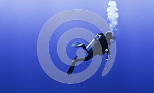 Profile of scuba diver with bubbles