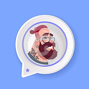 Profile serious beard tatoo face chat support bubble male emotion avatar, man cartoon icon portrait flat