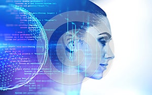 Young woman face, code and planet