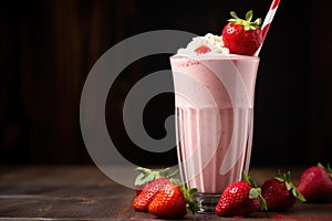 profile shot of a glass of strawberry milkshake with a straw