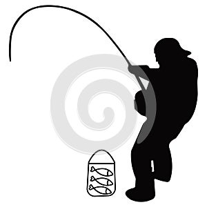 Profile shot of a mature fisherman sitting on a chair with a fishing rod isolated on white background