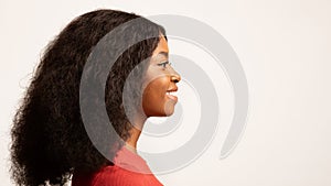 Profile Shot Of Smiling Millennial African American Woman With Curly Hair