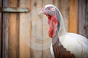 profile shot of a turkey with a rustic barn door