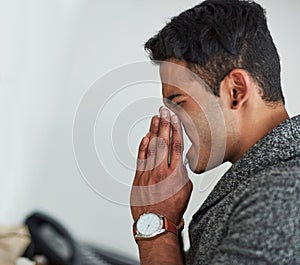 Profile, sick and blowing nose with a man with a tissue closeup in his home for relief from allergy symptoms. Mockup