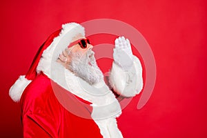 Profile side photo of funny santa claus screaming promotion newyear resolution wearing eyeglasses eyewear bright hat