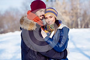 Profile side photo of young attractive couple happy positive smile hug cuddle embrace love enjoy time together