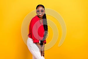 Profile side photo of young lovely girl eyewear agent representative isolated over yellow color background
