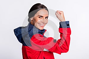 Profile side photo of young woman happy positive smile paramedic first aid show hand power hero isolated over white