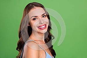 Profile side photo of young woman happy positive smile skincare hydration beauty isolated over green color background