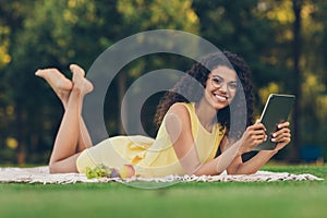 Profile side view portrait of attractive cheerful girl lying on plaid reading ebook pastime weekend relax in park